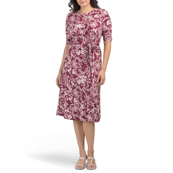 LONDON TIMES Plum Elbow Sleeve Side Tie Fit And Flare Midi Dress